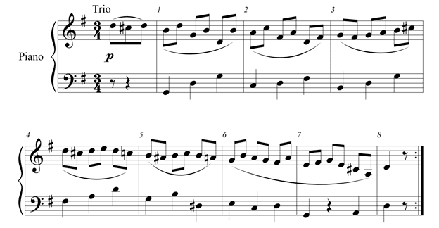 The excerpt for piano is eight measures long, in G major, and three-four time. 